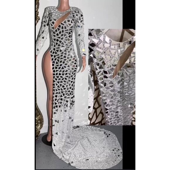 Angel Brinks Mirror Ball Gown Silver High Slit Small Cut Out Rhinestones Glam - Picture 3 of 3